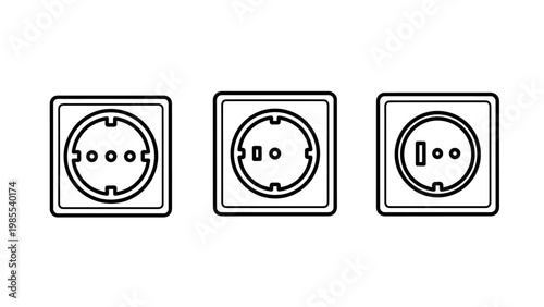Three electrical wall sockets outlines representing different power outlet types and standards with line art white background electrical engineering power cord power supply unit electrical