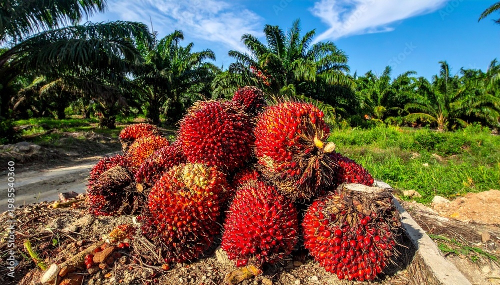 Fototapeta premium Harvested Oil Palm Fruits in a Plantation Ready for Processing