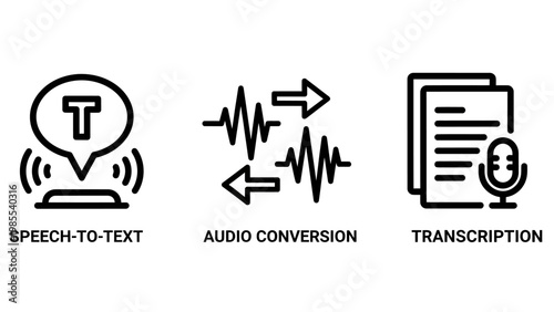 Speech to text audio conversion transcription service icons set with voice to text sound to text audio processing voice recognition language technology digital services data conversion letter