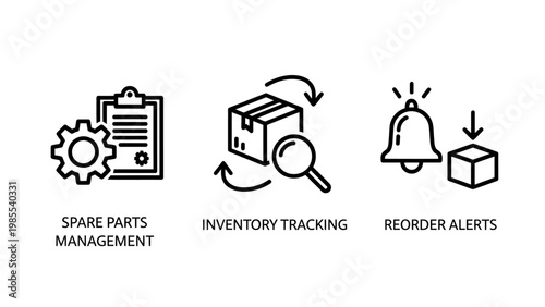 Outline icons representing inventory and supply chain management concepts: spare parts management inventory tracking reorder alerts with thin line magnifying glass black and white inventory