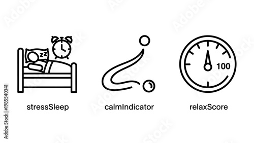 Stress sleep calm indicator relax score icons set for mental wellness tracking with mental health well being sleep quality stress management self care alarm clock person sleeping health monitor