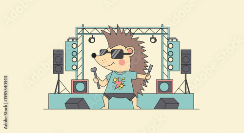 Hedgehog rockstar performing on stage with microphone and drumsticks in cartoon style against beige backdrop during a vibrant music show