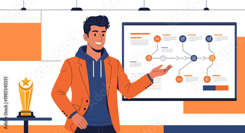 Man presenting business strategy on screen.