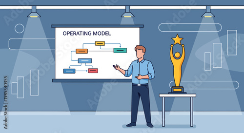 Man presenting business operating model chart.