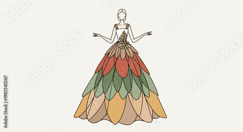 Illustration of a woman wearing an elegant gown with a tiered skirt made of colorful leaf-shaped panels fashion art