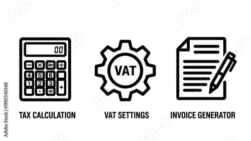 Tax calculation vat settings invoice generator icons for financial management with management software digital tool online service icon set black and white line art white background web design