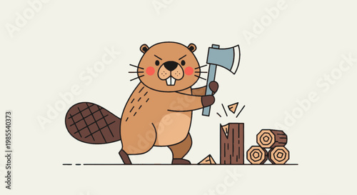 Illustration of an Angry Brown Beaver Chopping Wood with an Axe in Cartoon Style with Rosy Cheeks and Sharp Teeth