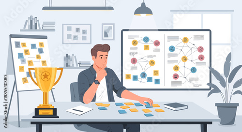 Man sitting at office desk thinking.