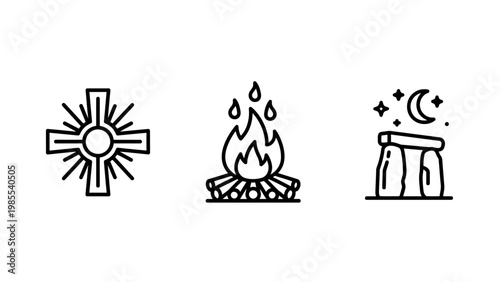 Set of pagan and ancient symbols representing nature spirituality megalithic culture with sun cross stone circle icon set line art black and white spirituality campfire megalith folklore