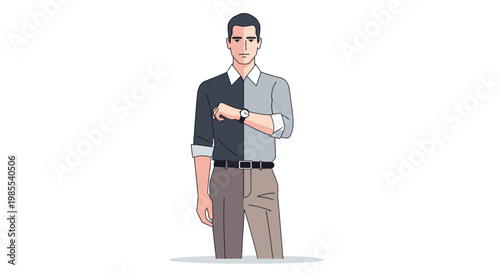 Man in half black and half gray shirt looking at wristwatch for time in vector art style against a white background