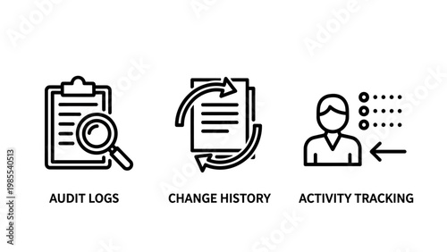Business icons for audit logs change history activity tracking in data management magnifying glass log in user activity document management icon set line art black and white business