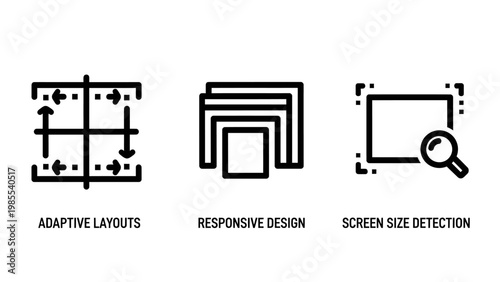Adaptive layouts responsive design screen size detection outline icons set illustrating web development multi-device compatibility with responsive adaptive detection illustration technology