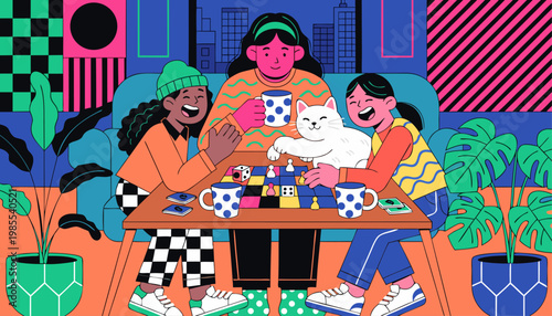 A colorful illustration of three friends and a cat having a fun time together in a cozy living room with a wooden table and blue couch