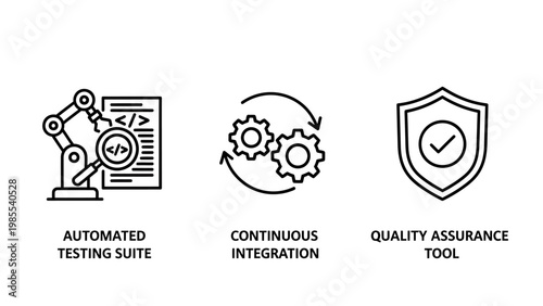 Software development icons for automated testing continuous integration quality assurance tools icon set line art programming engineering checkmark documentation methodology technology
