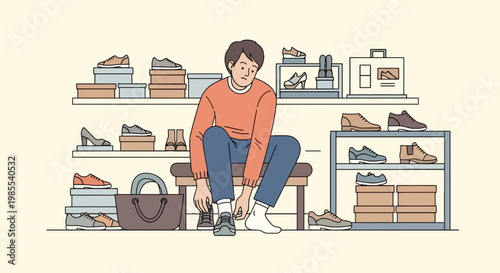 Man Trying On New Sneakers in Shoe Store Sitting on Bench Surrounded by Shelves with Footwear and Boxes in Cartoon Style