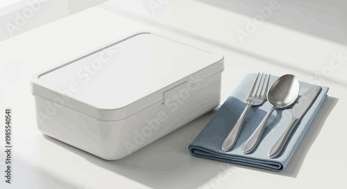 Minimalist lunchbox and cutlery on blue napkin in simplistic illustration style on countertop surface for picnic food service