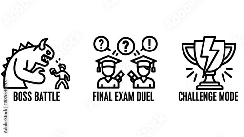 Gamer and education themed outline icons depicting a boss battle against a monster final exam duel between students and a lightning trophy for challenge mode achievement with challenge, education
