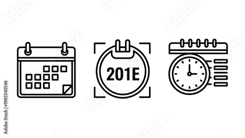 Productivity and time management line icons featuring a monthly calendar page a yearly date indicator and a clock with list schedule markers for efficient organization calendar schedule organizer