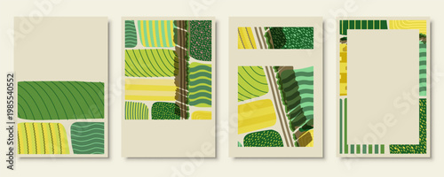 Agriculture field pattern, aerial view card poster with copy space. Countryside grassland, farm land from top. Geometric farmland patches, padded mosaic country background. Flat vector illustration