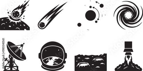 Space icons, astronomy symbols, black vector set, 8 elements, space exploration graphics