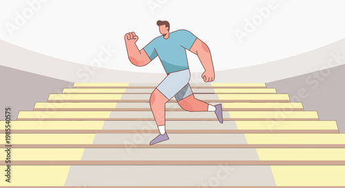 Muscular man running up steps in vector illustration; athletic male training on stairs; sporty character with determination in motion
