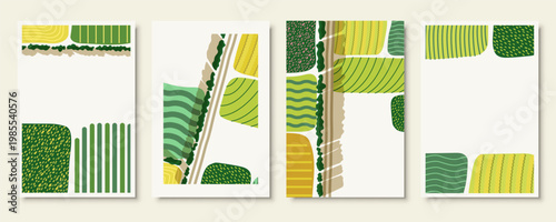 Agriculture field pattern, aerial view card poster with copy space. Countryside grassland, farm land from top. Geometric farmland patches, padded mosaic country background. Flat vector illustration