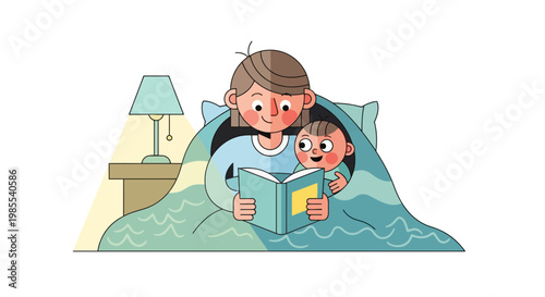 Mother reading a bedtime story to her child under a blanket colorful cartoon illustration of a parent and kid in bed at night