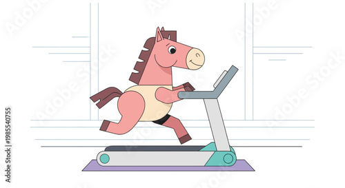 Pink cartoon horse character jogging on a gray treadmill indoors against a window; fitness training and animal exercise concept