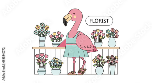 Pink flamingo florist in a light blue dress surrounded by colorful flowers on a wooden shelf a cute vector illustration for spring design