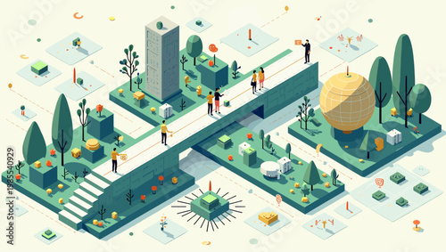 A minimalist, isometric landscape evokes a sense of exploration and strategy. Ideal for illustrating concepts of journey, pathways, and problem solvin