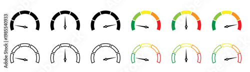 Speedometer icon set. Set of gauges from low to high. Risk meter icon set. Risk concept on speedometer. Set of gauges from low to high.  Vector illustration.