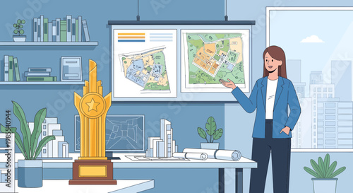 Woman in blue jacket presenting map.