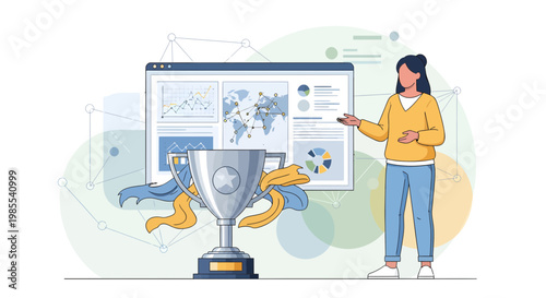 Woman pointing at trophy cup.