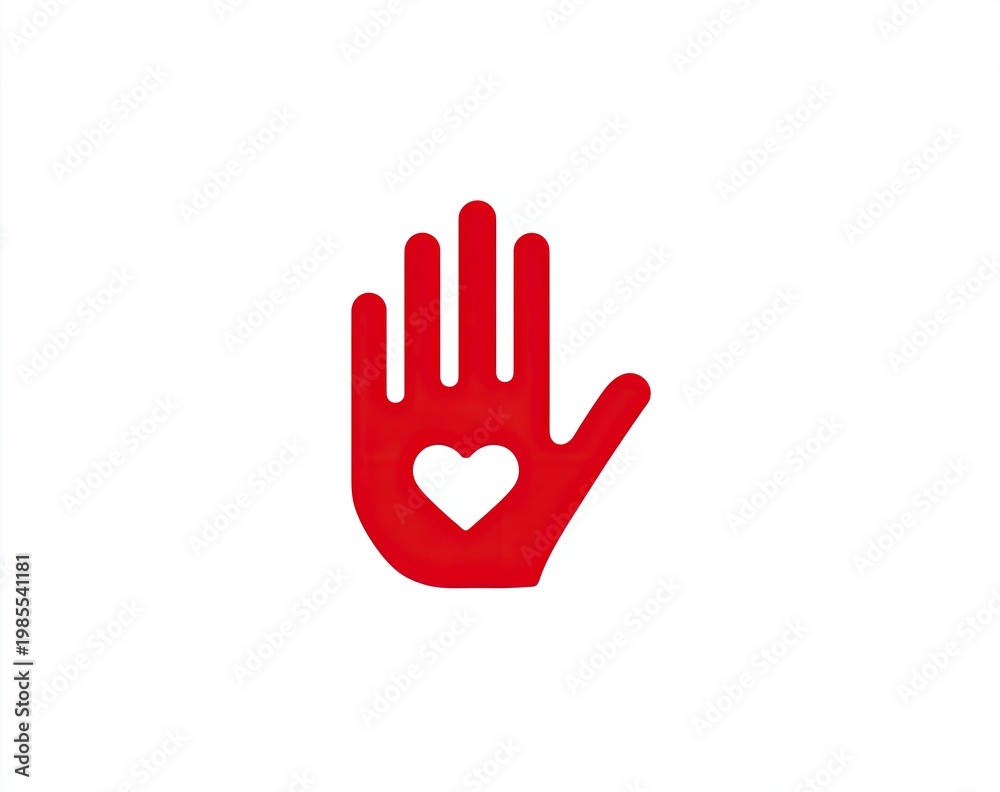 Obraz premium Red hand silhouette with heart cutout, against a white background, symbolizing giving