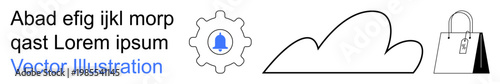 Cloud storage, online shopping, notification systems, business processes, digital communication, system management. Gear and bell notification, cloud and shopping bag icons. Digital communication