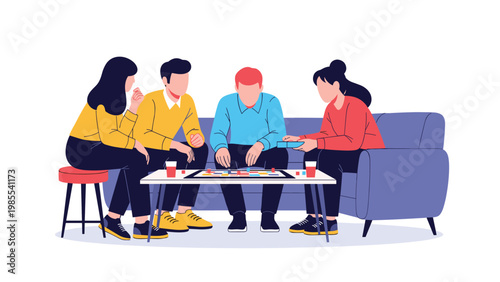 Four friends sit on a comfortable blue sofa and enjoy a fun board game night with snacks and drinks at home.