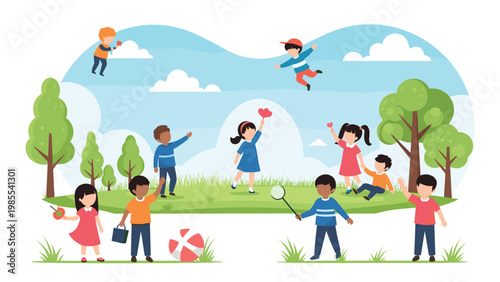 Diverse group of happy children playing together in a sunny park with green trees and colorful toys under the sky.