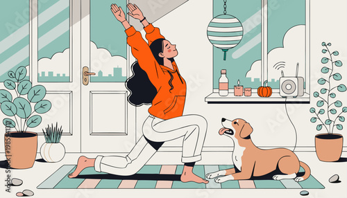 A woman practices yoga in a modern home with her dog by her side on a colorful rug