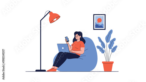 Young woman works on her laptop while sitting comfortably in a blue bean bag chair in a cozy living room setting.