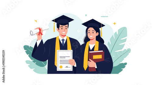 Happy male and female graduates wear traditional caps and gowns while holding a diploma and book in celebration.