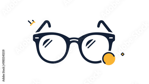 Minimalist line art illustration of classic eyeglasses with a black frame and a decorative yellow circle element.