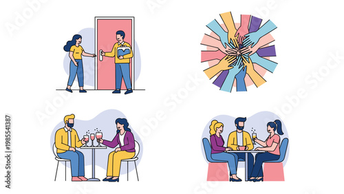 Multiple scenes showing human connection including two people at a door hands joined in a circle and dining together.