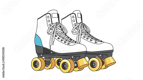 Pair of classic white quad roller skates featuring yellow wheels and blue accents isolated on a white background.
