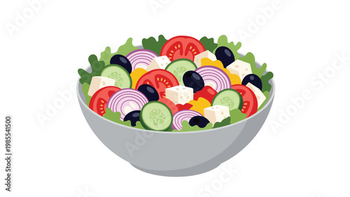 Fresh greek salad in a grey bowl filled with olives tomatoes cucumbers onions and feta cheese for a healthy meal.