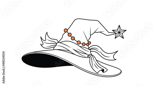 Enchanting witch or wizard hat decorated with a ribbon and a star on the tip drawn in a simple outline style.
