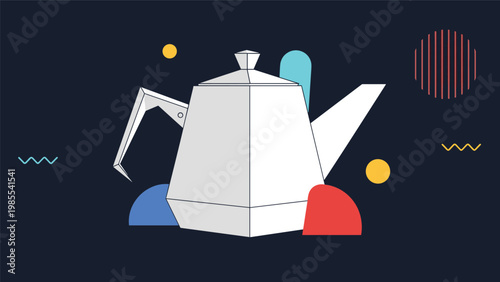 Stylized geometric teapot illustration with abstract shapes and patterns on a dark background for modern decor.