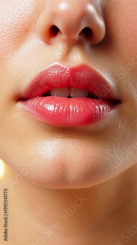 Close up of a woman's glossy coral lips with subtle movements and a hint of teeth