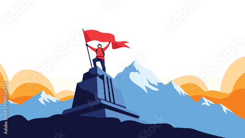Brave mountaineer stands on a high rocky peak and holds a red flag against a stunning sunset mountain range landscape.