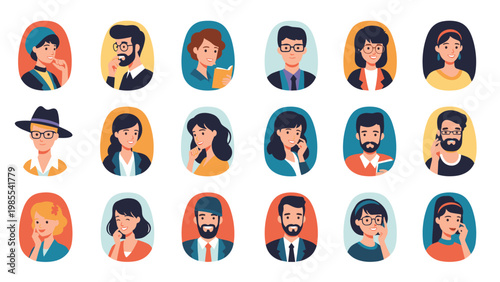 Large collection of diverse character portraits in oval frames displaying various hairstyles and expressions.