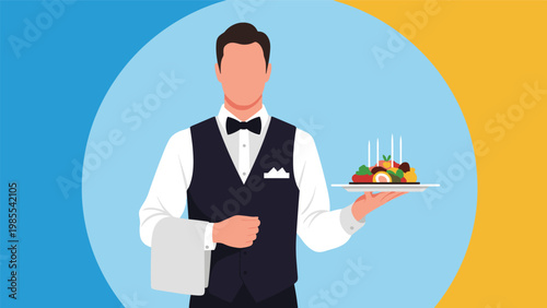 Professional waiter in a formal vest and bowtie holding a tray with a gourmet appetizer in a circular frame.